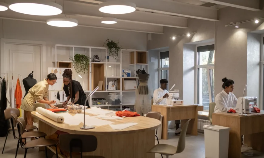 Modern design studio workspace with branded materials laid out for review