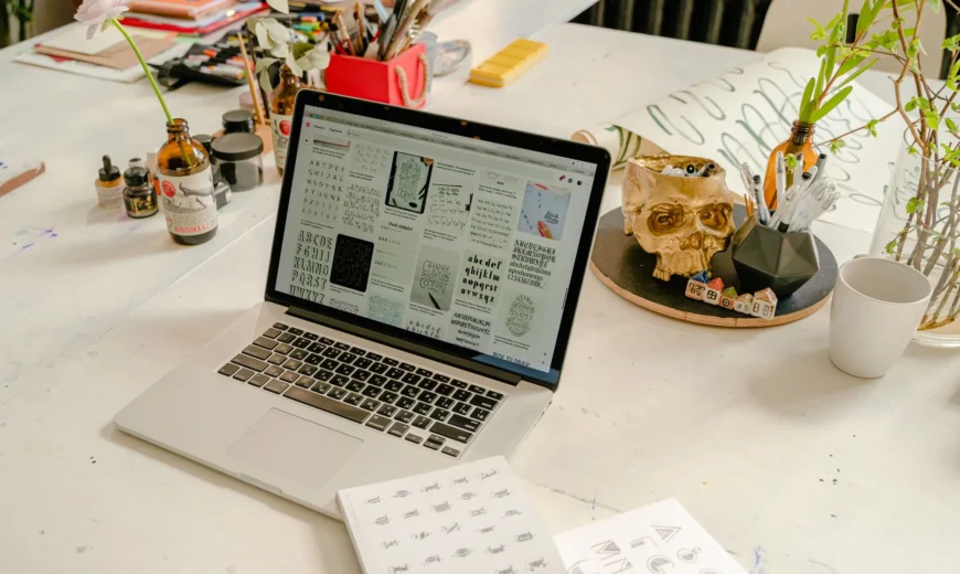 Brand naming agency workspace with creative naming exercise materials