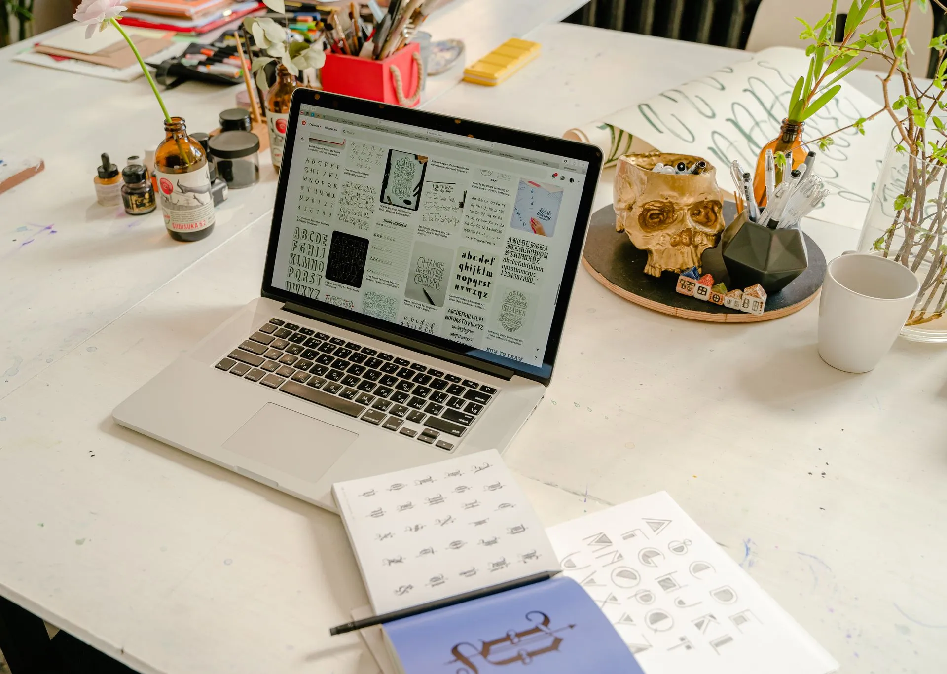 Brand naming agency workspace with creative naming exercise materials