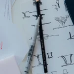 Designer workspace with logo sketches and colour swatches for logo design