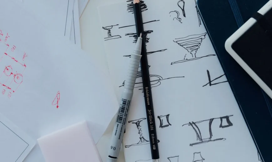Designer workspace with logo sketches and colour swatches for logo design