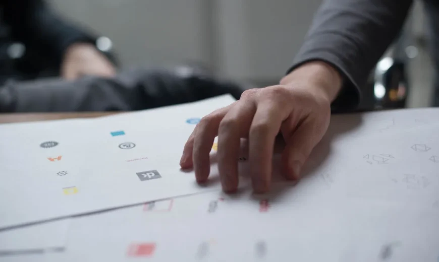 Hand reviewing different types of logos printed on paper